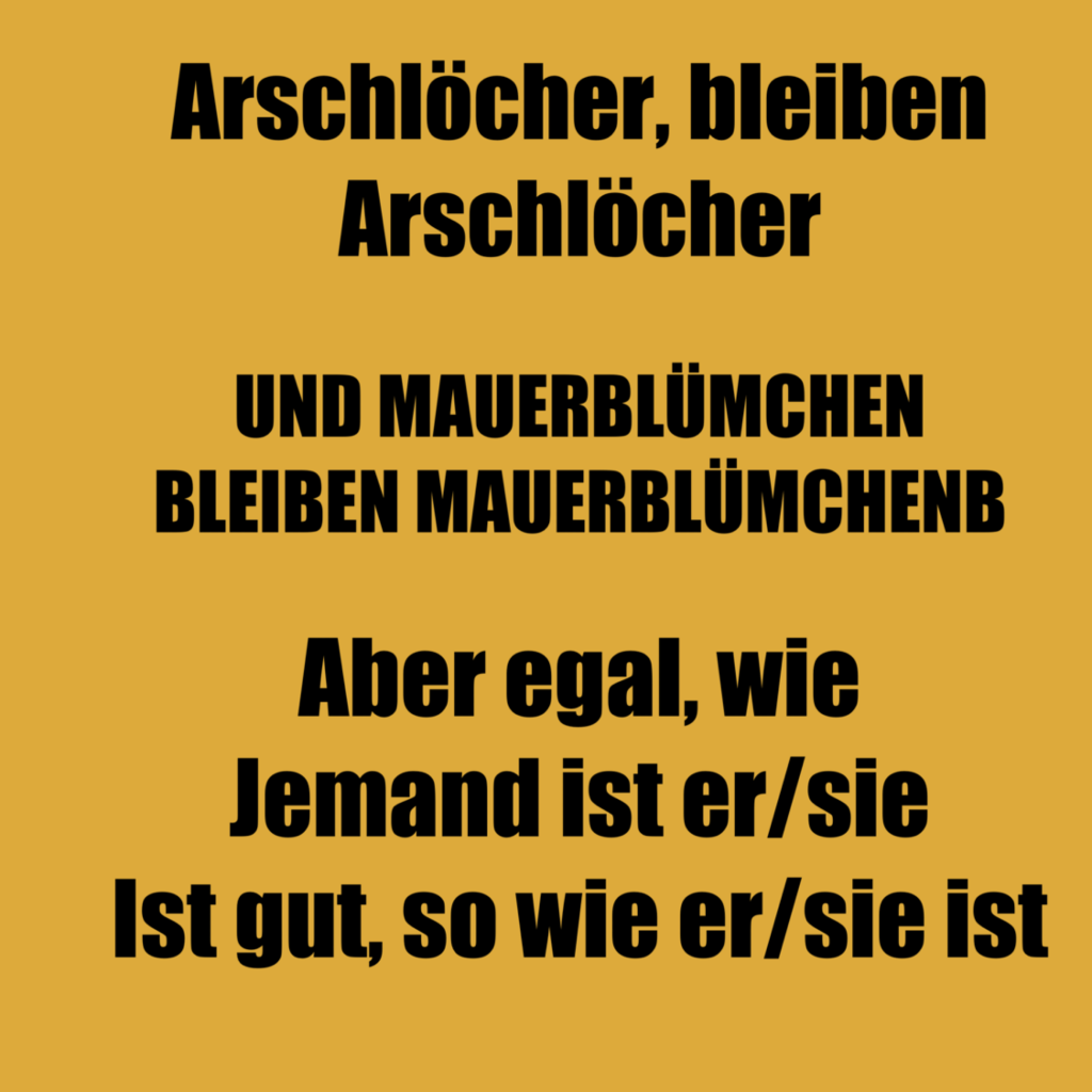 Ein grün schwarzes Bild grüne Hintergrund schwarze Schrift der Text lautet Arschlöcher bleiben Arschlöcher. Mauerblümchen bleiben Mauerblümchen, aber egal wie er/sie ist, so ist er/sie perfekt. ￼