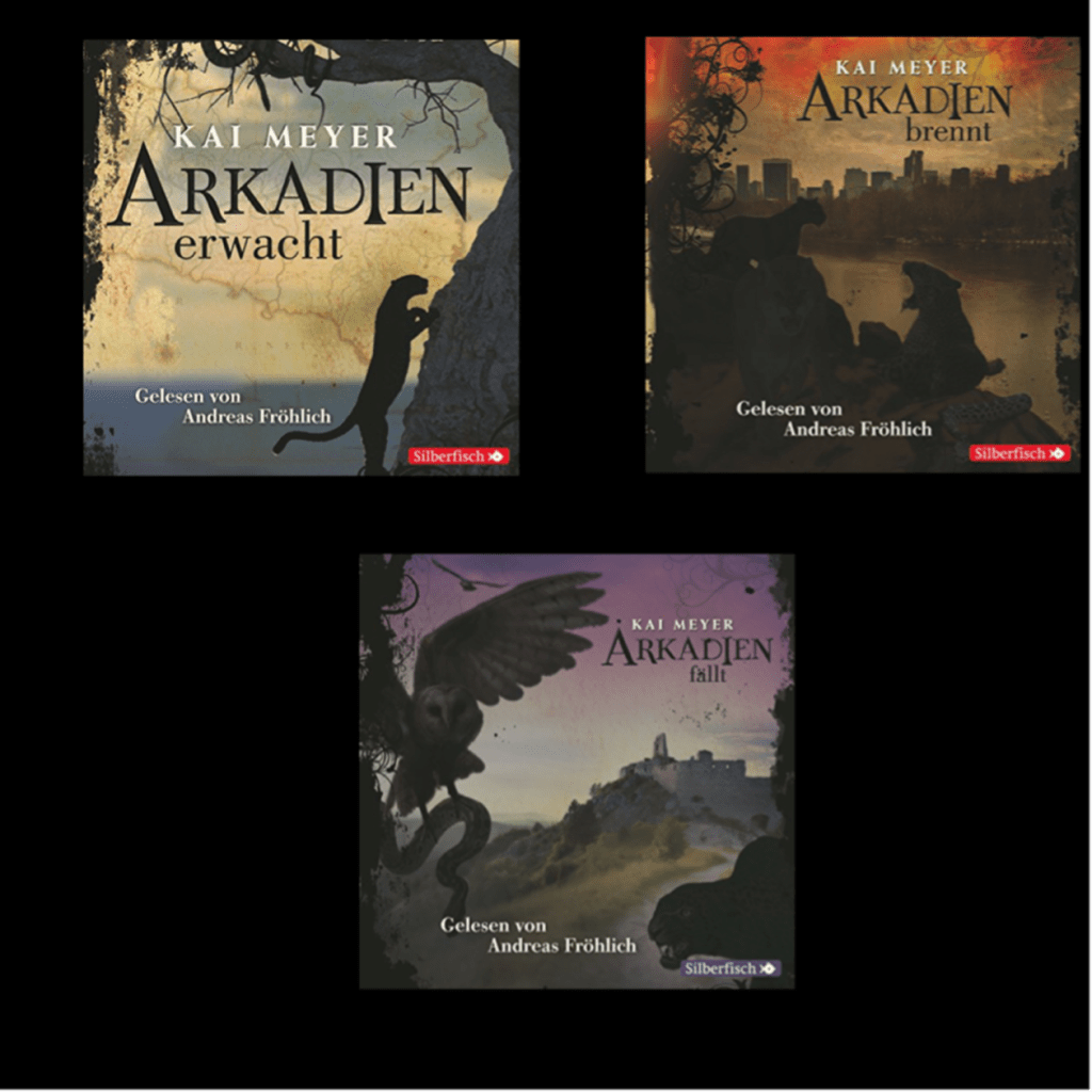 Auf dem Bild sind auf schwarzem Hintergrund alle drei Cover der Triologie zu sehen
Oben links Arkaden erwacht. Oben rechts Arkaden brennt unten mittig Arkadenfeld 