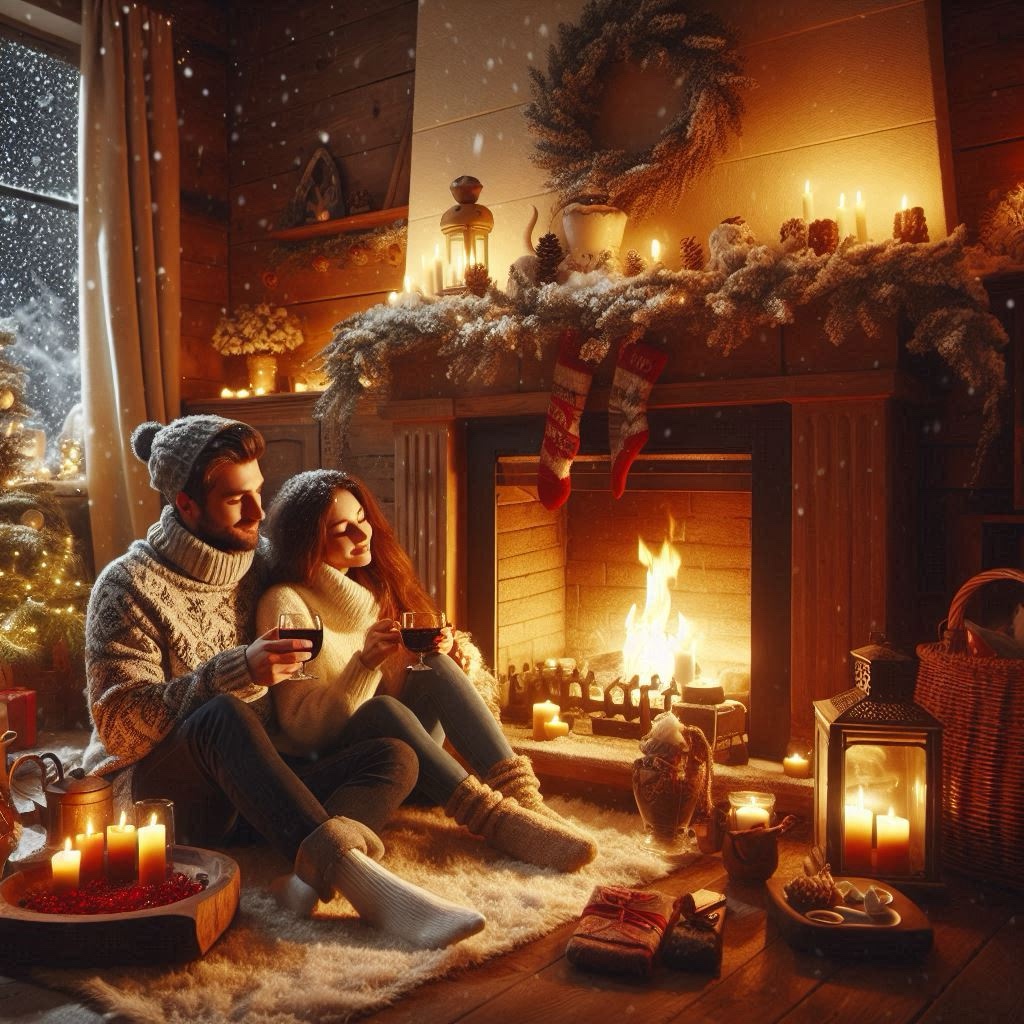 Das Bild zeigt eine gemütliche und festliche Weihnachtsatmosphäre in einem behaglichen Wohnzimmer. Im Mittelpunkt sitzt ein Paar nebeneinander auf einem weichen, flauschigen Teppich direkt vor einem lodernden Kaminfeuer. Sie wirken entspannt und halten jeweils eine Tasse in der Hand, was eine warme und intime Stimmung schafft. Beide tragen winterliche Kleidung, einschließlich bequemer Pullover und Wollmützen, was den Eindruck eines kalten Wintertages draußen verstärkt.