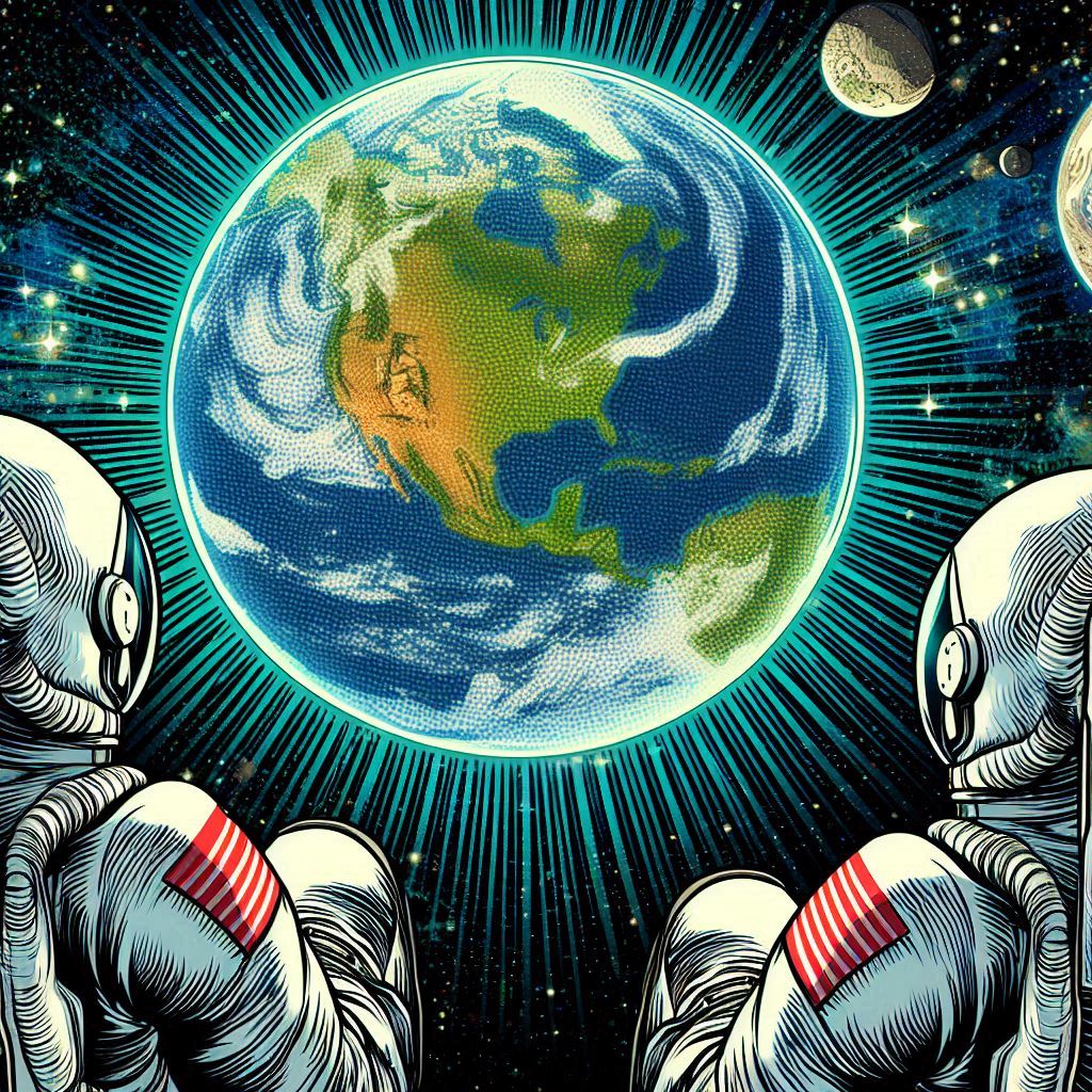 Auf diesem Bild sind zwei Astronaut zu sehen, die sich die Welt von oben angucken Das ganze im Comicstil gehalten