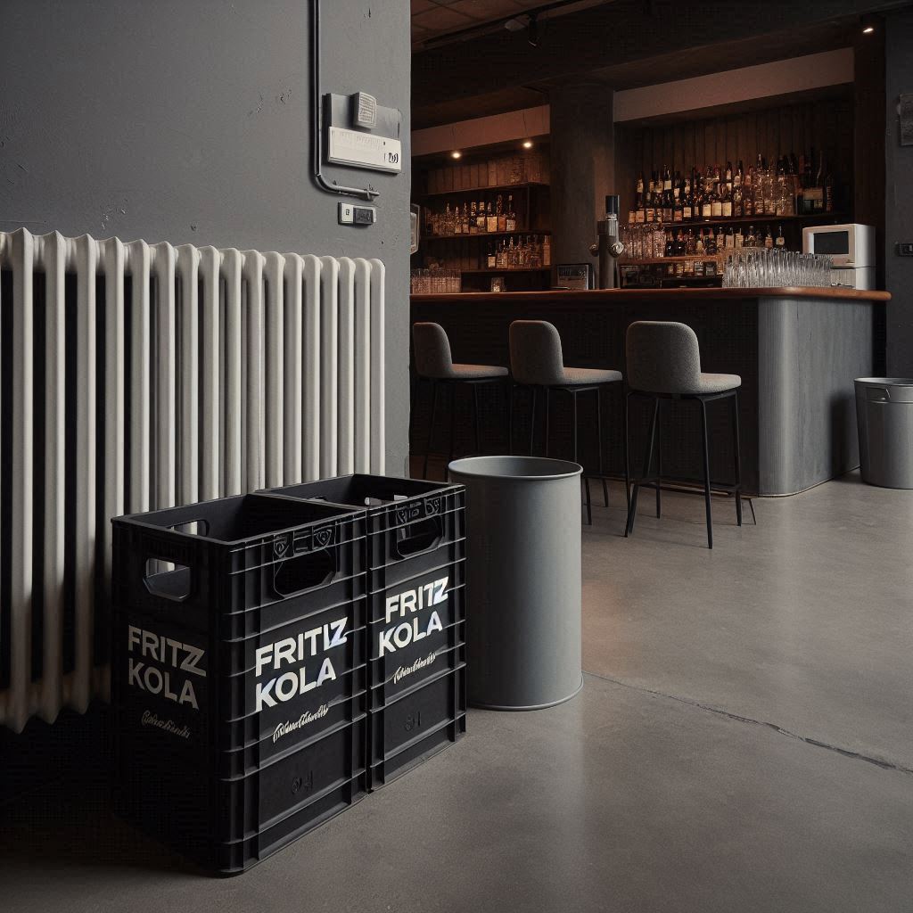 Das Bild zeigt den Innenraum einer modernen und stilvoll eingerichteten Bar oder eines Cafés. Es herrscht eine minimalistische Atmosphäre, die durch die klare Struktur und die ausgewählten Einrichtungsgegenstände betont wird.

**Im Vordergrund:**
- Zwei schwarze Getränkekisten sind prominent platziert. Sie tragen die Beschriftung „FRITZ-KOLA“ und „Kola Limonade“, was auf das angebotene Sortiment hinweist.
- Ein grauer, zylindrischer Mülleimer befindet sich rechts neben den Kisten.

**Der linke Bereich:**
- An der Wand ist ein weißer Heizkörper zu erkennen. Direkt darüber sind ein Thermostat sowie ein Lichtschalter angebracht.

**Im Hintergrund:**
- Die Bar erstreckt sich mit einer Vielzahl an Flaschen und Gläsern, die ordentlich aufgereiht sind. Dies deutet darauf hin, dass hier eine breite Auswahl an Getränken angeboten wird.
- Drei graue Barhocker stehen vor der Theke, einladend für die Gäste, die sich dort niederlassen möchten.

**Beleuchtung und Atmosphäre:**
- Die Lichtstimmung ist eher gedämpft, was eine gemütliche und entspannende Atmosphäre schafft – ideal für ein entspanntes Beisammensein.