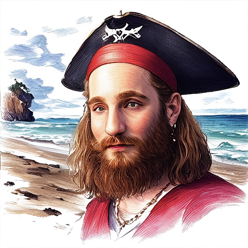 
- **Person**: Eine Person ist als Pirat verkleidet. Sie trägt einen markanten schwarzen Piratenhut, der mit einem auffälligen weißen Totenkopf-Emblem verziert ist. Unter dem Hut trägt die Person ein rotes Stirnband, das dem typischen Piratenlook entspricht. Das Gesicht ist von einem dichten Bart und langen braunen Haaren geprägt. Zudem trägt die Person einen Ohrring und eine Kette, was den Charakter des Piraten verstärkt.

- **Hintergrund**: Im Hintergrund erstreckt sich ein malerischer Strand mit Sand. Das Meer dahinter schimmert in Blau und zieht sich bis zum Horizont. Dort ist eine kleine Felseninsel sichtbar, die mit Vegetation bedeckt ist und ein exotisches Flair verleiht.

- **Himmel**: Der Himmel ist teilweise bewölkt, was dem Bild eine mystische und abenteuerliche Atmosphäre verleiht.

Das