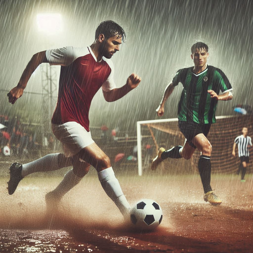 Auf dem Bild sind zwei Fußballspieler zu sehen, einer in rot-weiß gekleidet und einer in grün schwarz gekleidet. Sie spielen auf einem Ascheplatz bei strömenden Regen gegeneinander.