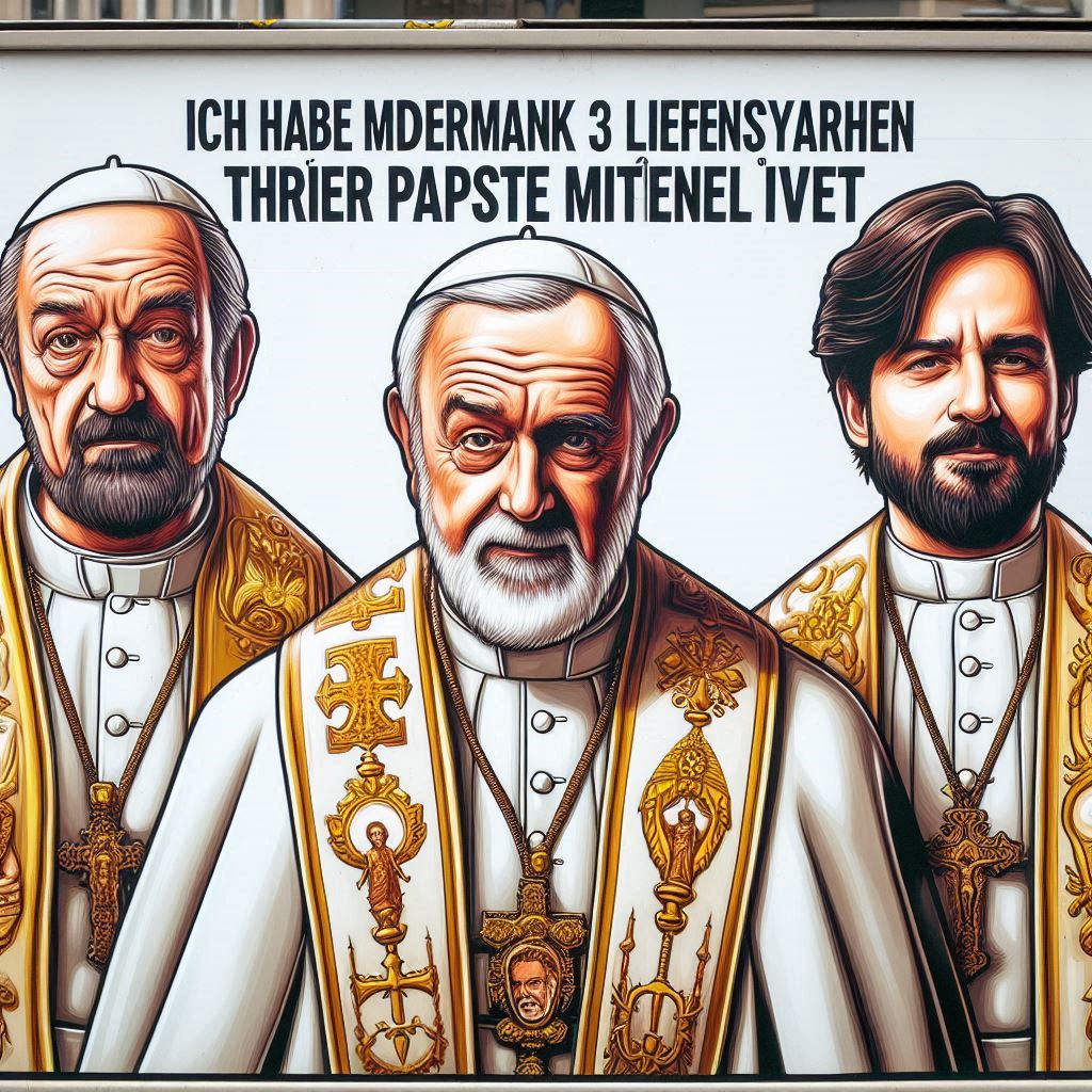 Dieses Bild zeigt drei Männer, die päpstliche Gewänder tragen, verziert mit goldenen und weißen Details. Ihre Kleidung ist reich geschmückt und symbolisiert ihre hohen geistlichen Positionen. Jeder der Männer trägt religiöse Symbole wie Kreuze um den Hals. Oberhalb der Männer steht ein Text in deutscher Sprache: „ICH HABE MDERMANK 3 LIEFENSYARHEN THRIER PAPSTE MITËNEL IVET“. Die genaue Bedeutung dieser Aussage ist unklar und könnte auf künstlerische Freiheit oder eine Botschaft hinweisen.
Die Szenerie wirkt wie eine künstlerische Darstellung oder ein Plakat, das sich möglicherweise kritisch, humorvoll oder symbolisch mit dem Thema Papsttum auseinandersetzt. Die Männer blicken unterschiedlich - zwei direkt, einer zur Seite. Es handelt sich möglicherweise um eine moderne Interpretation religiöser Ikonografie oder eine gesellschaftliche Aussage. Die Komposition und Farbwahl ziehen die Aufmerksamkeit auf sich.