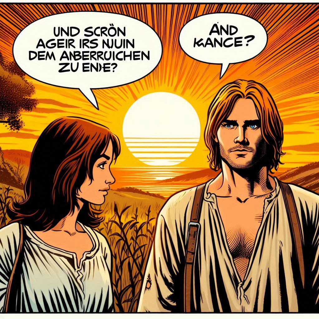 Auf dem Bild im Comicstil ist ein Sonnenuntergang zu sehen und ein Mann und eine Frau stehen. Dort schauen sich den Sonnenuntergang an. Der Mann sagt dann ist ein weiterer Tag zu Ende und die Frau fragt und was machen wir mit dem angebrochenen Abend?