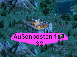 Das Bild zeigt eine gezeichnete Burg mit der Beschriftung Außenposten eins und einer Piratenflagge