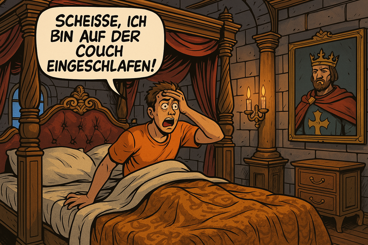 Das Bild im Comicstil gehalten, ein sehr edles Schlafzimmer, wo ein Mann gerade wach wird und über seinem Kopf ist eine Sprechblase Scheiße das ist nicht meine Couch